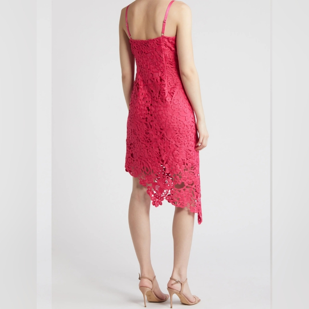 Adelyn Rae Midi Dress XS Hot Pink Crochet Lace Monica Asymmetrical Hem New $180